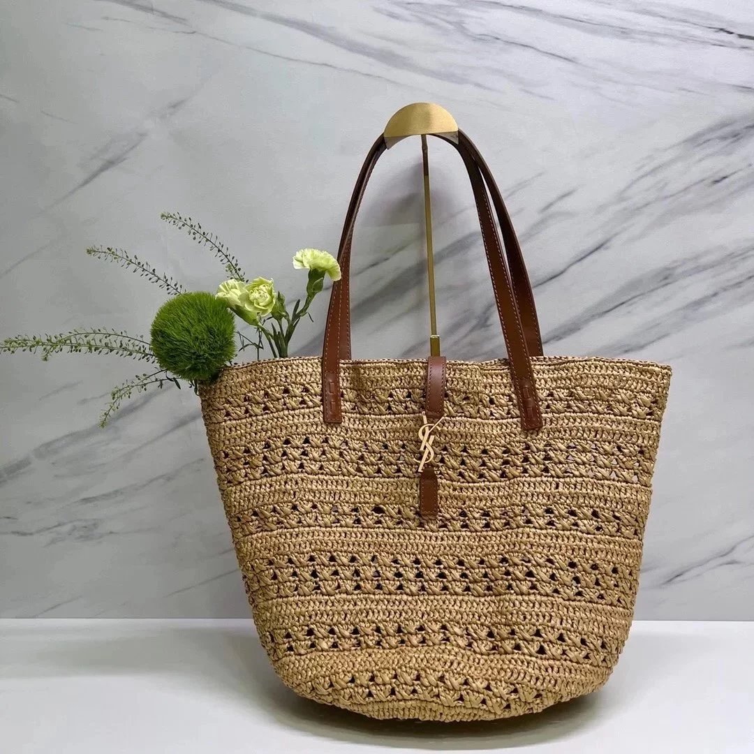 YSL Women's Bag Top version 【New Arrival】Latest Straw Bag SaintLaurentRaffiaTote Bag Shopping Bag Vegetable Basket Raffia Woven Bag Women's Bag Beach Bag Embellished Cowhide Leather Bag Strap and Buckle Bag Body Is Relatively Soft