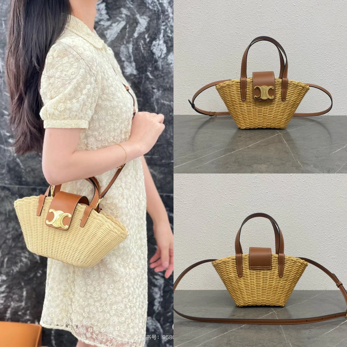 Celine women's bag Top version 【Super Original Leather】New Bamboo Woven Bag mini Bamboo Woven Vegetable Basket Bag Shopping Basket Bag Vacation Style Beach Bag COUFFIN Wicker Woven Bag Arc De Triomphe Woven Bag Portable Messenger Bag New Women's Bag Bambo