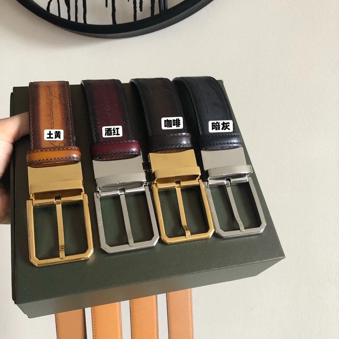Berluti Belt Top version Original Single Men's New High-End Double-Sided Belt Waist Belt Pure Steel Rotating Pin Buckle Buckle Double-Sided Two-Color Totem Carving Carved Genuine Leather35mm Full Package Belt Men