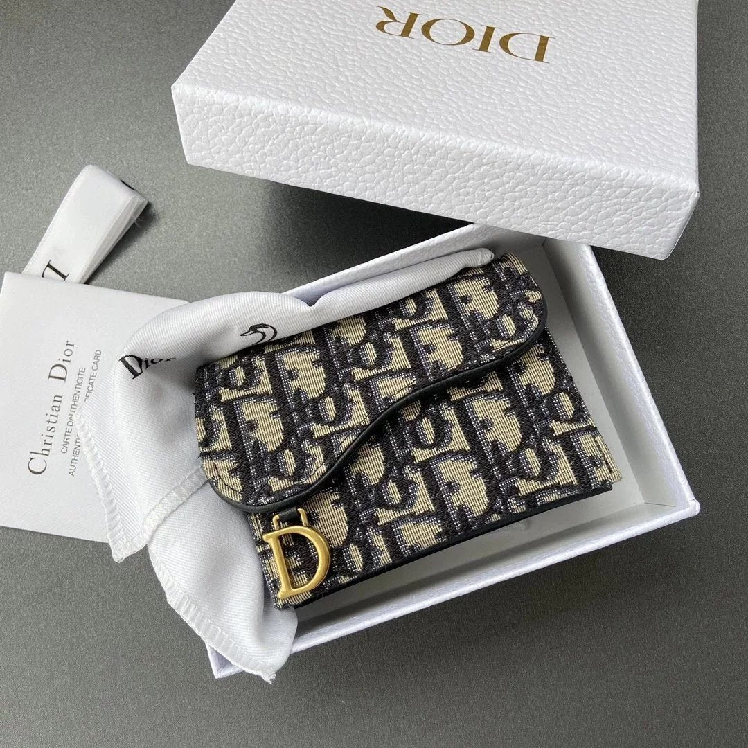 Dior Women's Bag Top version Original Leather Saddle5Grid Card Clamp Series Card Holder Card Holder Men and Women Men's and Women's Exquisite and Practical，Can Replace the Traditional Wallet，Blue Oblique Elaborate Printing Fabric，Asymmetric Weighing Flap