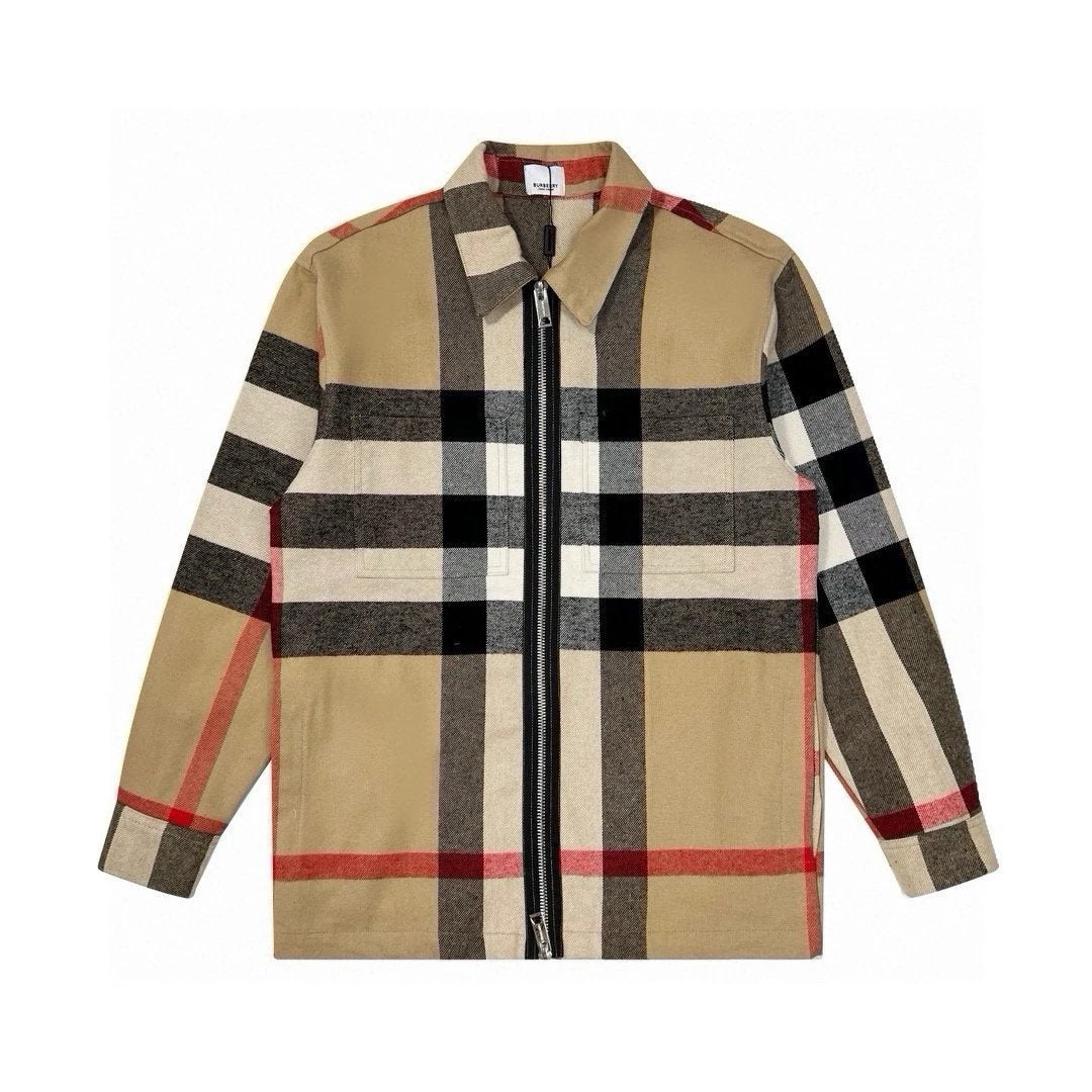 Burberry Shirt Plaid Wool Zipper Lapel Jacket Shirt Coat Unisex Autumn Winter New Sports Casual Loose Versatile