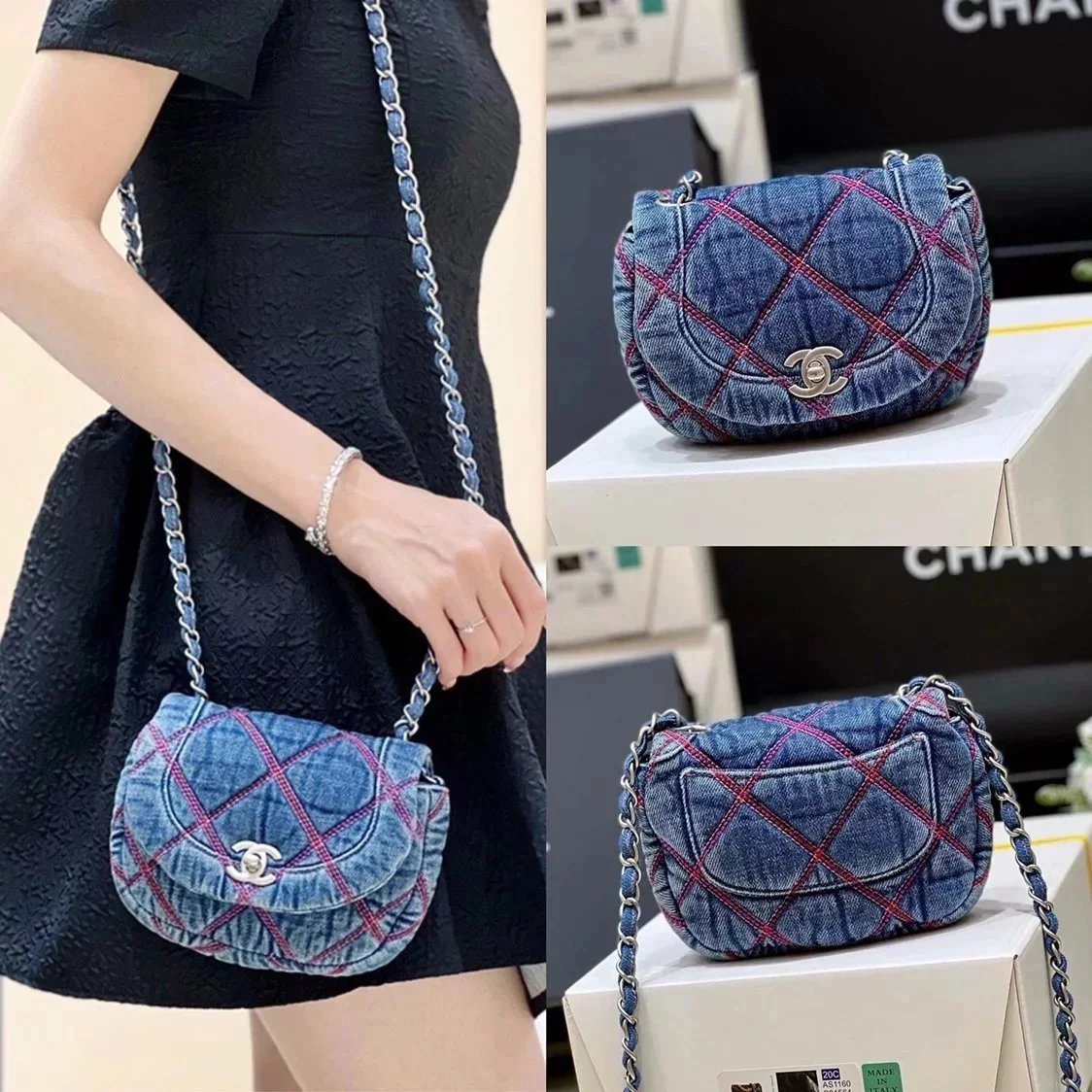 Chanel Women's Bag Top version 【**】22A Advanced Workshop Series Denim Saddle Bag cocobeach2022Cowboy mini Saddle Bag Crossbody Shoulder Bag Chain Bag Flap Bag Denim Jean Bag