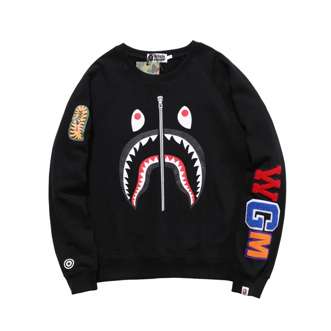 Bape Hoodie Top Version Shark Print Men's and Women's Same Style Casual Pullover Long Sleeve round Neck Top