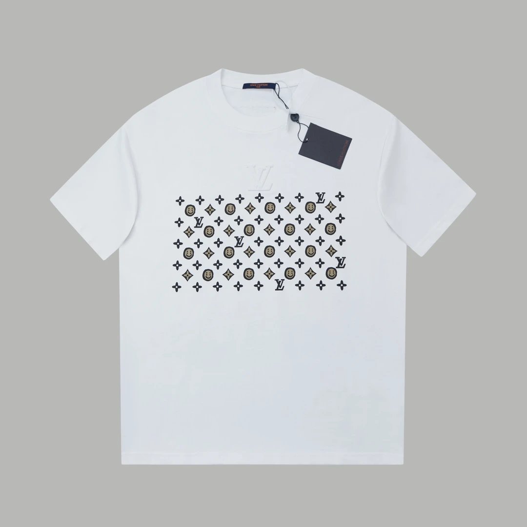 Louis Vuitton LV T-shirt Back Smiley Face Letter Print logo round Neck Short Sleeve25ss New Pure Cotton Unisex Style T Casual T-Shirt Base Layer Shirt OS Loose Fit Half Sleeve Top Plus Size
