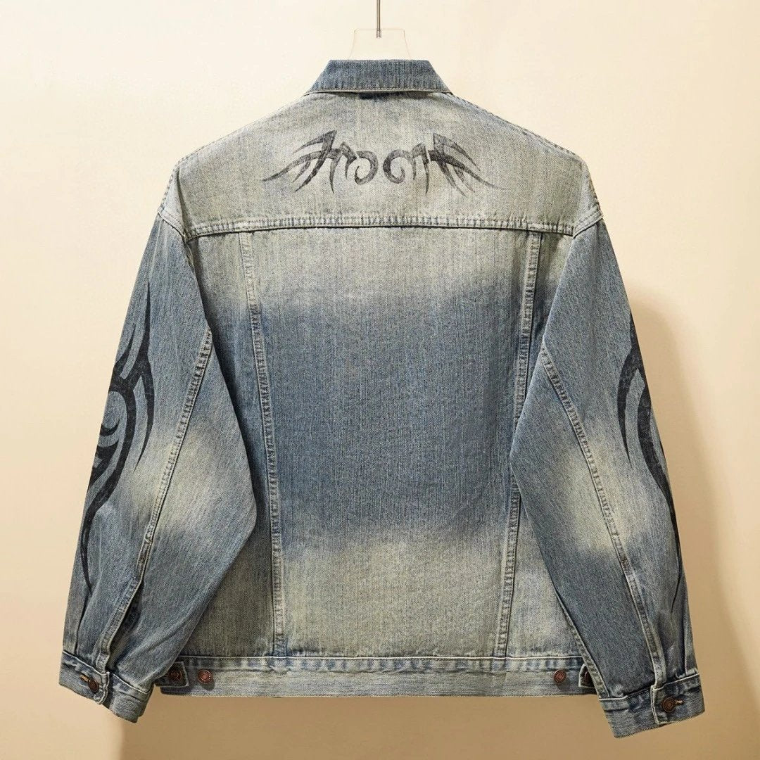 Balenciaga Jackets Hand-drawn Totem Pattern Denim Jacket Fashion Simple Heavy Casual Short Unisex Washed Vintage Turn-down Collar Jacket