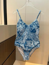 Dior Swimsuit Full Body Pattern Bikini One-Piece Swimsuit Sexy Backless White Small Chest Gathered Beach Pool Women's Swimwear Vacation Hot Spring