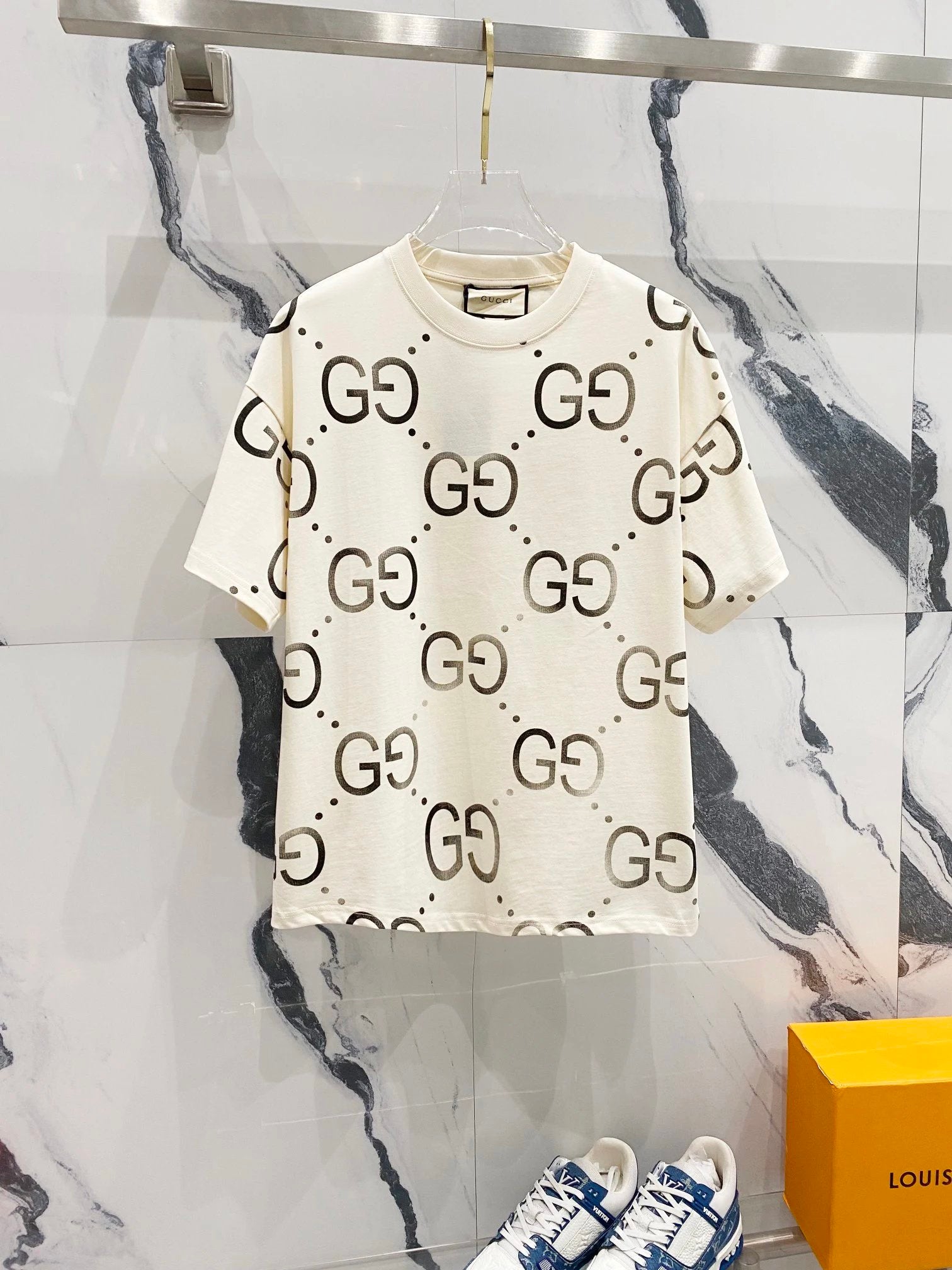 Gucci T-shirt Classic Full Print GG Letters LOGO Printed Logo Crew Neck Short Sleeve Pure Cotton T Unisex T-Shirt OS Loose Fit Base Shirt Summer Casual Simple T-Shirt