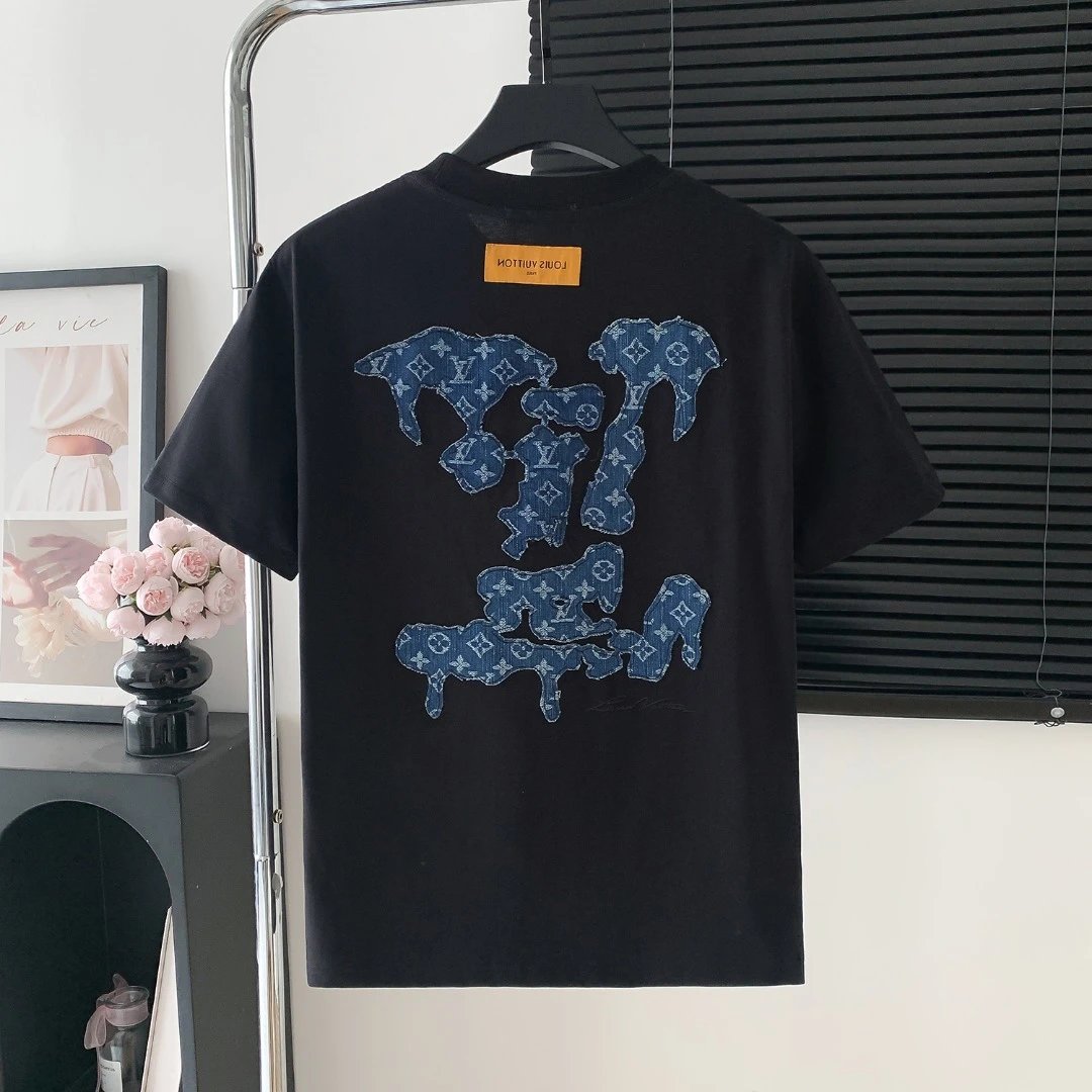 Louis Vuitton LV T-shirt Back logo Denim Patch Letter Crew Neck Short Sleeve25ss New pure cotton T Unisex T-Shirt OS Loose Fit Base Shirt Top Half Sleeve T-Shirt