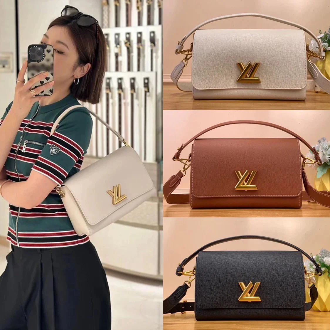 Louis Vuitton LV Women's Bag Top version 【Super Original Leather】Duobao Leather Goods2024New SoftTwist Handbag M24639M24640M25359Full Leather Series Soft Leather One-Shoulder Crossbody Bag Twistlock Veil Bag Bronze Retro Women's Bag Underarm Bag Women's C