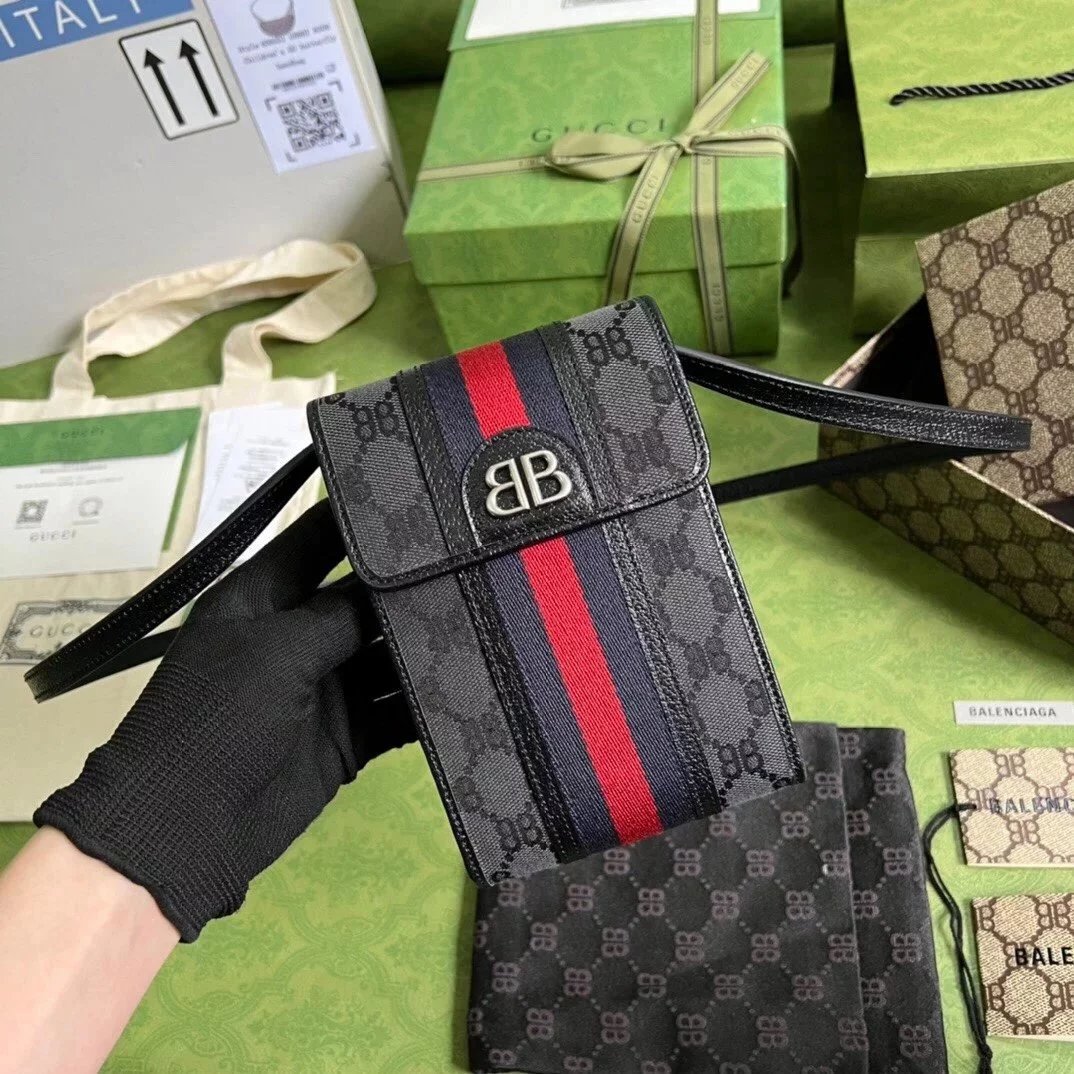 Gucci Wallet Top version 【Original Leather】Mobile Phone Bag2022Spring and Summer New Joint Name Spring22Clones Clone Series Mobile Phone Bag Black/Canvas Co-Branded11.5cm680130