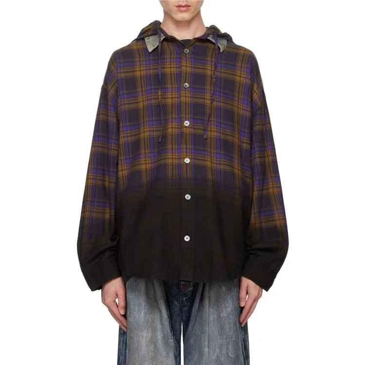 ‌Acne Studios Shirt Top Version Denim Stitching Gradient Plaid Men's and Women's Same Large Profile Hooded Shirt