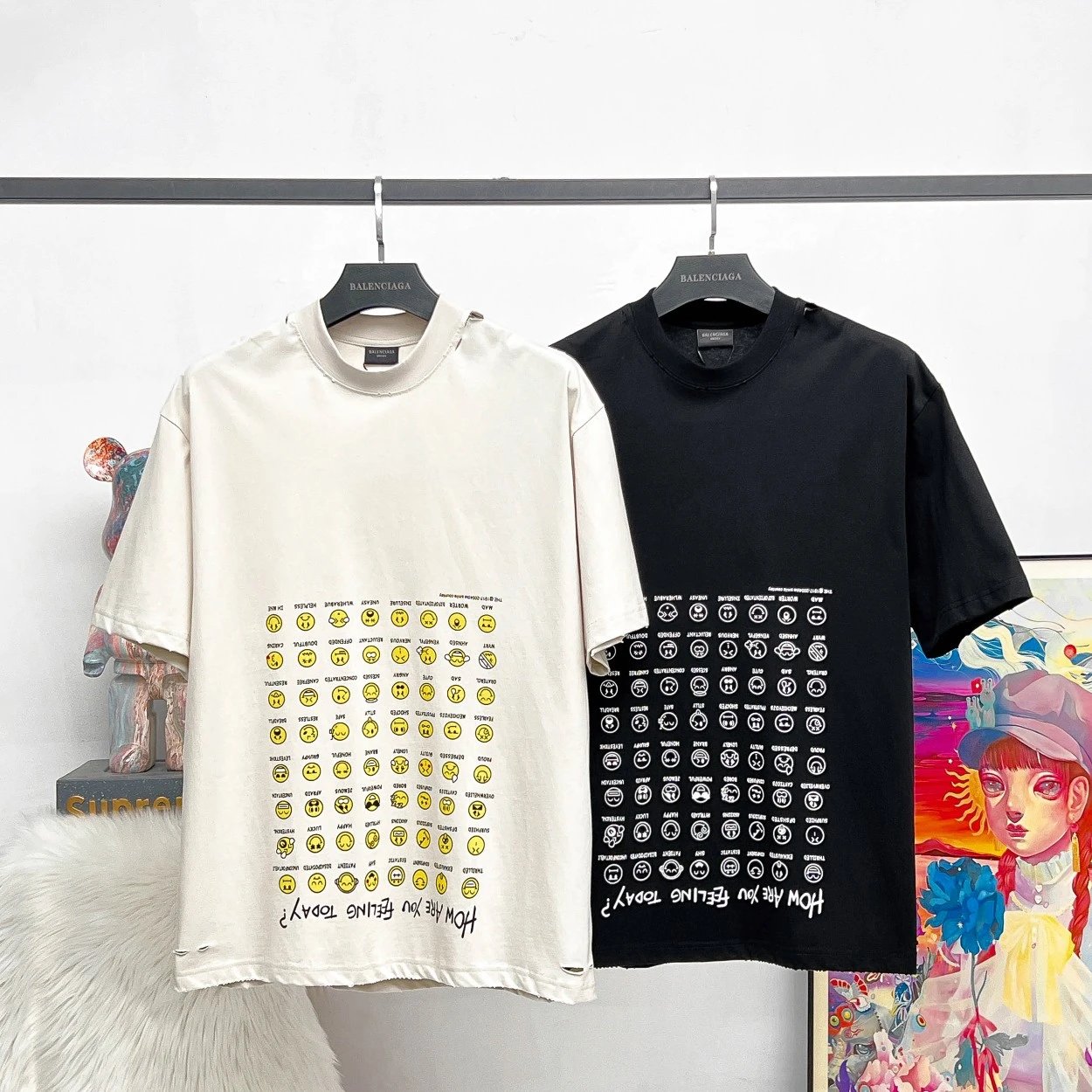 Balenciaga T-shirt Emoji Sticker Print logo round Neck Short Sleeve25ss New Pure Cotton Unisex Style T T-shirt OS Loose Fit Base Shirt Top Half Sleeve T-Shirt