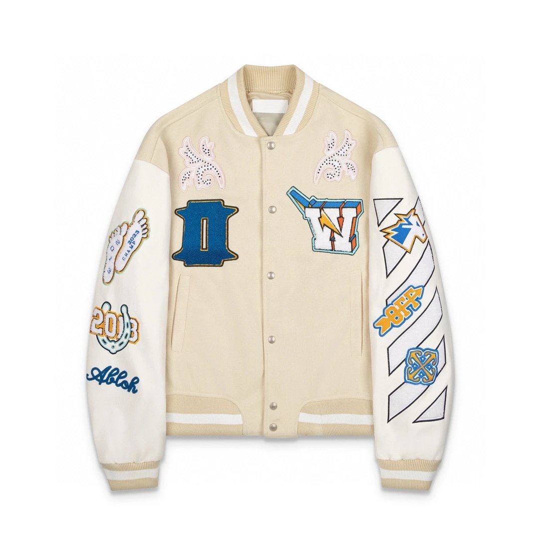 OFF-White Jackets Top Version Spring and Autumn Fashion Brand Fashion Letter Embroidery Baseball Uniform Men's and Women's Same Cartoon Rhinestone Long-Sleeved Casual Jacket