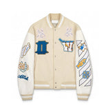 OFF-White Jackets Top Version Spring and Autumn Fashion Brand Fashion Letter Embroidery Baseball Uniform Men's and Women's Same Cartoon Rhinestone Long-Sleeved Casual Jacket