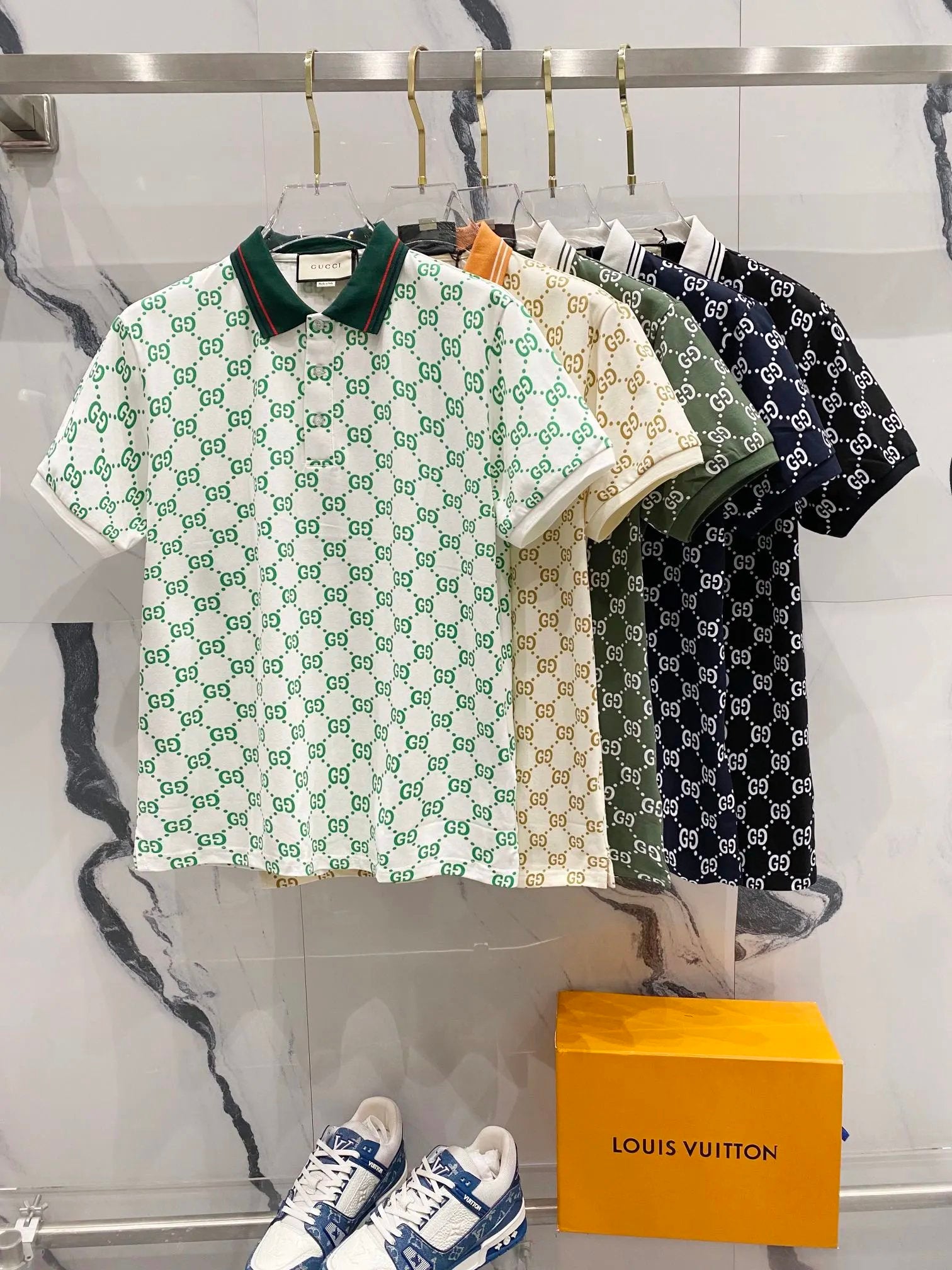 Gucci T-shirt Color-block Collar Full Print GG Small Letter Printed Logo POLO Short Sleeve Turn-down Collar Shirt Unisex Summer Solid Color Loose Fit T Business Commuter Short Sleeve Shirt Plus Size T-Shirt