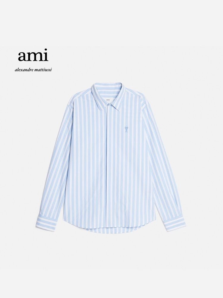 Ami Shirt Top Version Men's Spring and Summer New Love Heart-Shaped Embroidered Cotton Poplin Striped Shirt