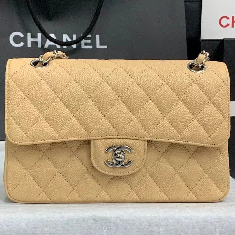 Chanel Women's Bag Top version 【Genuine Goods Leather】CF Original Caviar Ball Grain Cowhide Particles Full Classic CF Small Size23cm Black Gold Black Silver CF Flap Bag Pairs Clog Original Sheepskin Mouth Cover Chain Bag1117CF23cm