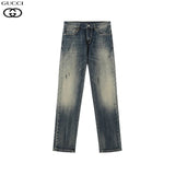 Gucci Jeans Back Waist Leather Tag logo Straight Washed Blue Jeans Autumn Winter New Unisex Loose Casual Wide Leg High Waist Pants