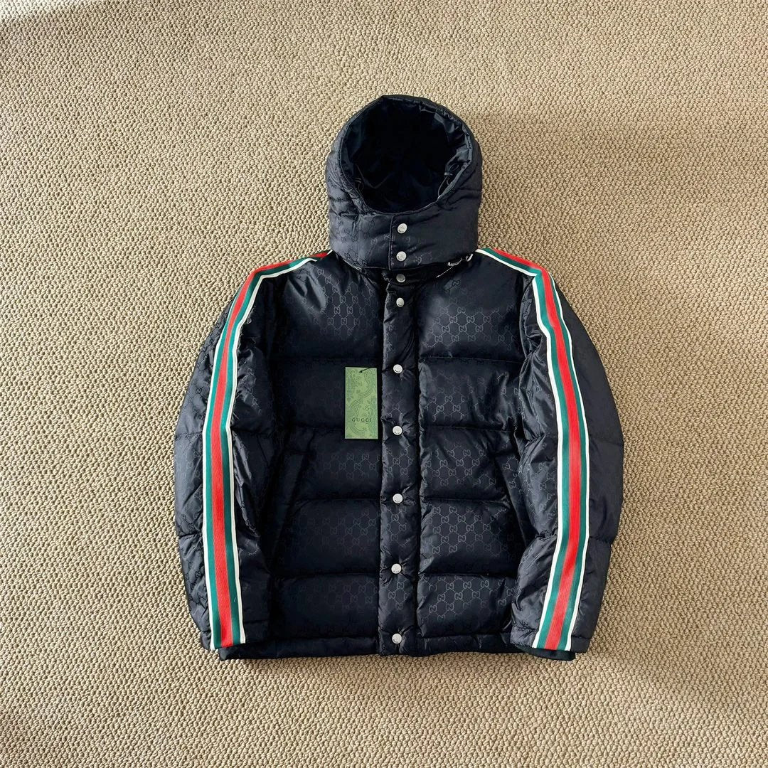 Gucci Down Jacket SS24New Full Print Jacquard Red and Green Webbing Down Jacket with Detachable Hat Unisex Coat