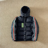 Gucci Down Jacket SS24New Full Print Jacquard Red and Green Webbing Down Jacket with Detachable Hat Unisex Coat