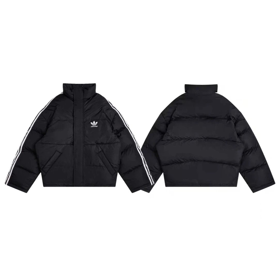 Balenciaga Down Jacket Collaboration Classic Runway Style Three-Stripe Logo Print Cocoon Loose Couple Stand Collar Cotton Jacket Unisex Coat
