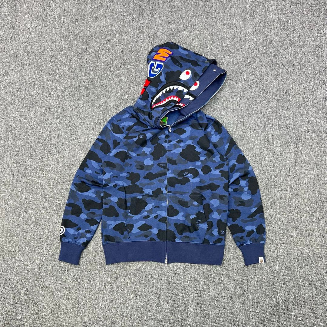 Bape Hoodie Top Version Japanese Style Fashion Brand430G Double Hood Heavy Shark Coat Couple's Loose Cotton Camouflage Hooded Sweater