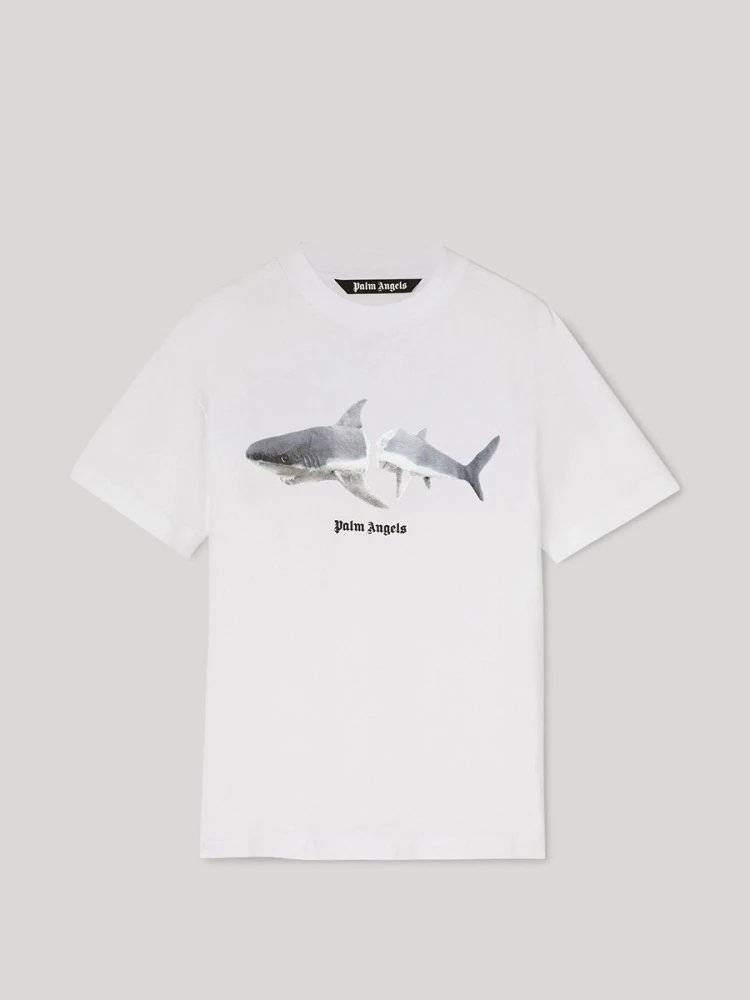 Palm Angels T-shirt Top Version Men's and Women's Same Style White Cotton Shark Printed Short Sleeve T T-shirt