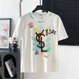 YSL T-shirt Chest Graffiti Hand-drawn Pattern Print logo round Neck Short Sleeve25ss New Pure Cotton Unisex Style T Casual T-Shirt Base Layer Shirt OS Loose Fit Half Sleeve Top Plus Size