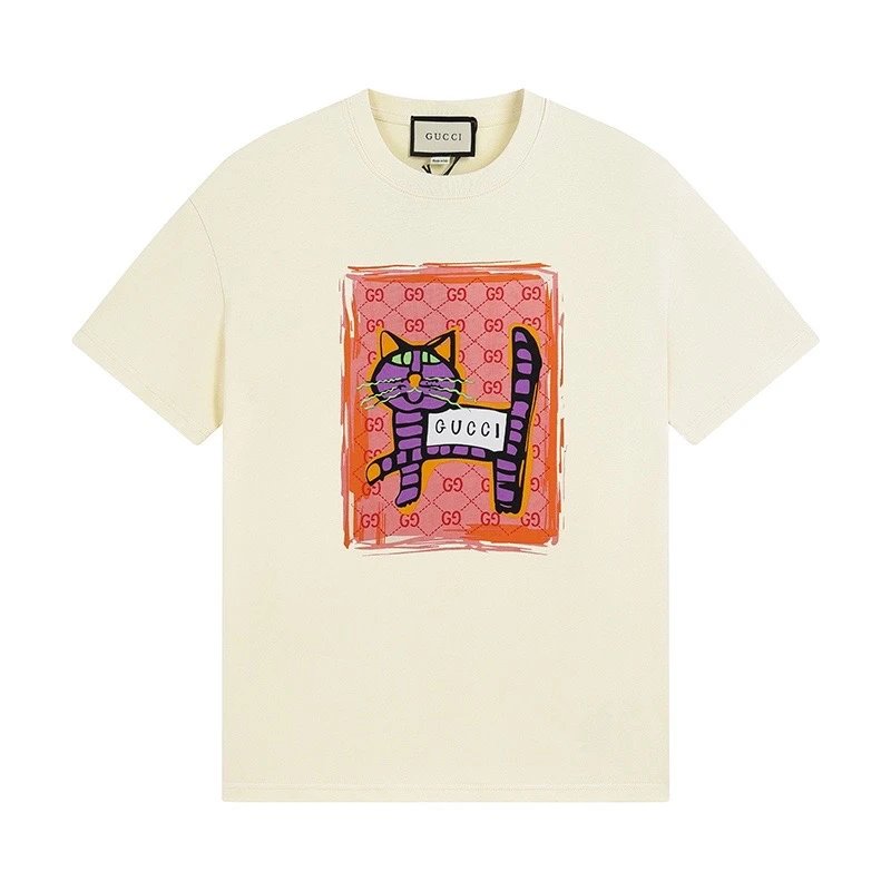 Gucci T-shirt Chest Cat Pattern Print logo round Neck Short Sleeve25ss New Pure Cotton Unisex Style T T-shirt OS Loose Fit Base Shirt Top Half Sleeve T-Shirt