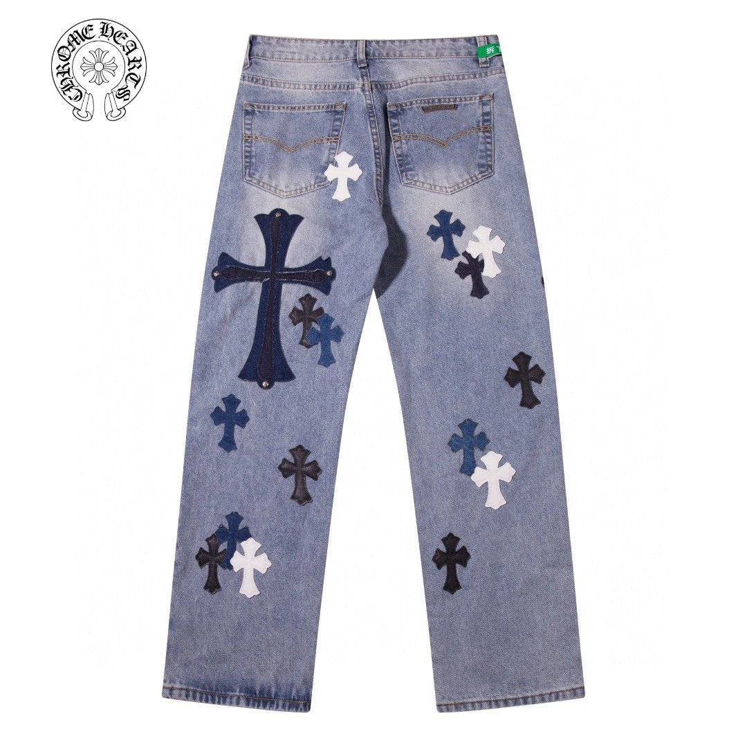 Chrome Hearts Jeans Cross Stitch Leather logo25ss Spring Summer New Straight Leg Jeans Unisex Slim Fit Long Pants Loose