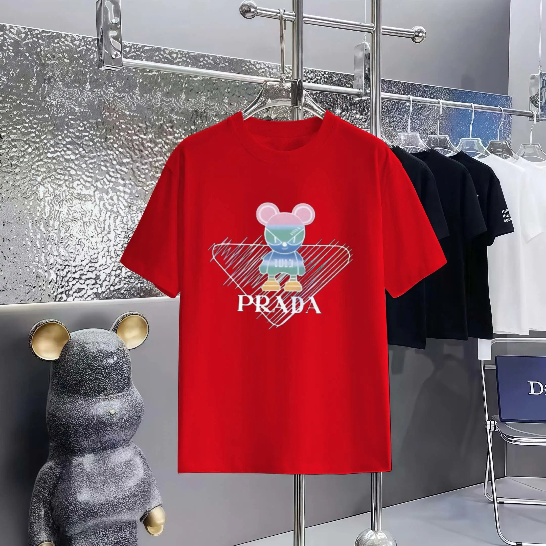 PRADA T-shirt Chest Mouse Pattern Print logo round Neck Short Sleeve25ss New pure cotton T Unisex T-Shirt OS Drop Shoulder Loose Fit Base Shirt Top T-Shirt Short Sleeve