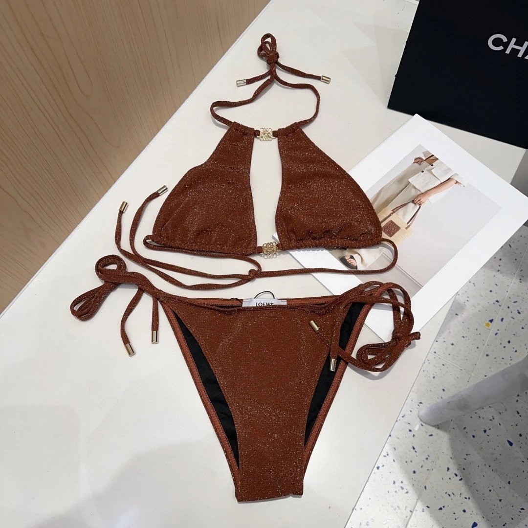 LOEWE Swimsuit Brand Gold Label Bikini Two-Piece Swimsuit Sexy Small Chest Gathered Beach Pool Vacation Hot Spring Backless White Women's Swimwear