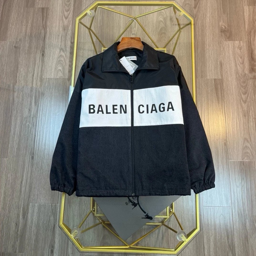 Balenciaga Jackets Runway Style Jacket with Denim Patchwork, Unisex Color Block High Street Retro Style