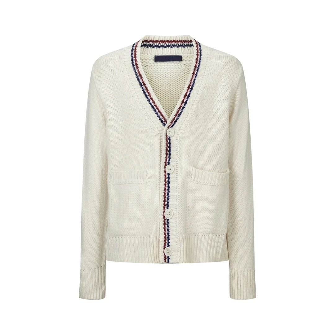 PRADA Sweater Red and Blue Striped Triangle Logo Wool Cardigan Coat Unisex Outerwear Long Sleeve Soft Lazy Style OS Loose Fit Thickened Versatile Casual Wear for Both Inner and Outer Layering