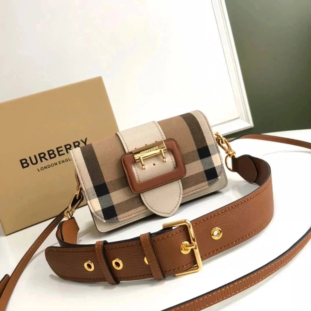Burberry Women's Bag Top version bucklehouse Women's Bag Plaid Turn-Lock Clasp Bag Plaid Leather Patchwork File Holder Shoulder Bag Messenger Bag Double-Shoulder Strap Underarm Bag