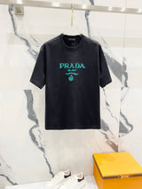 PRADA T-shirt Green Letter Embroidery on Chest logo round Neck Short Sleeve25ss New pure cotton T Unisex T-Shirt OS Loose Fit Base Shirt Top Half Sleeve T-Shirt