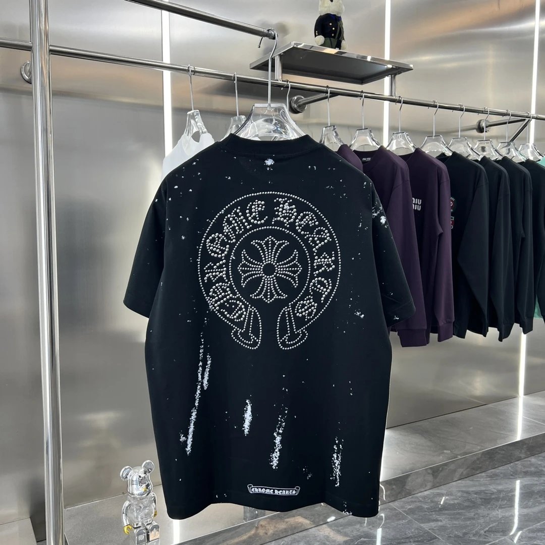 Chrome Hearts T-shirt Horseshoe Rhinestone logo Round Neck Short Sleeve Pure Cotton Unisex T T-shirt OS Loose Fit T-Shirt Casual Simple Base Shirt