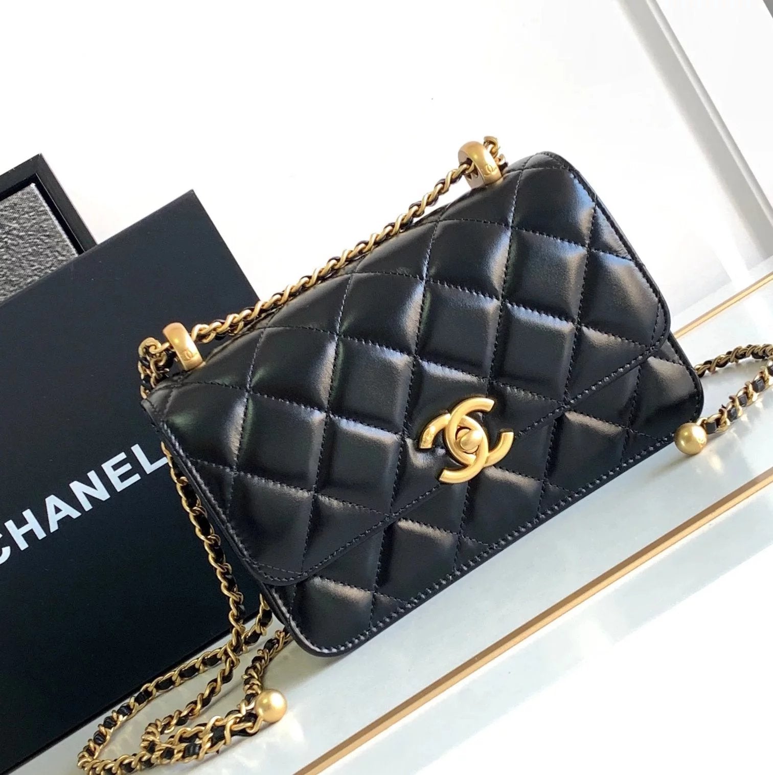 Chanel Women's Bag Top version 【**Original Leather】??????✦24C Double Golden Ball Flap Bag Double Golden Balls Chain Bag Original Factory Calf Skin Oil Wax Leather Golden Ball Square Bag2Size