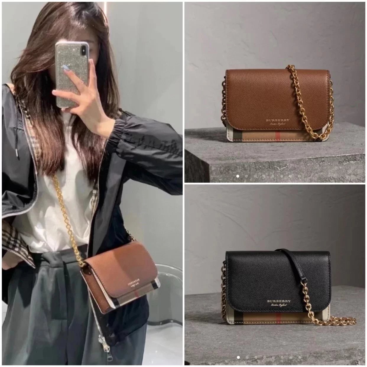 Burberry Women's Bag Top version Plaid Chain Bag woc Flap Small Square Bag Crossbody Messenger Bag Classic Canvas House War Horse Plaid Flap Crossbody Shoulder Chain Bag