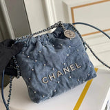 Chanel Women's Bag Top version 【Super Original Leather】Small24S22bag Rivet Denim Garbage Bag Jennie Same Style mini Denim Denim Pearl Garbage Bag Tote Bag