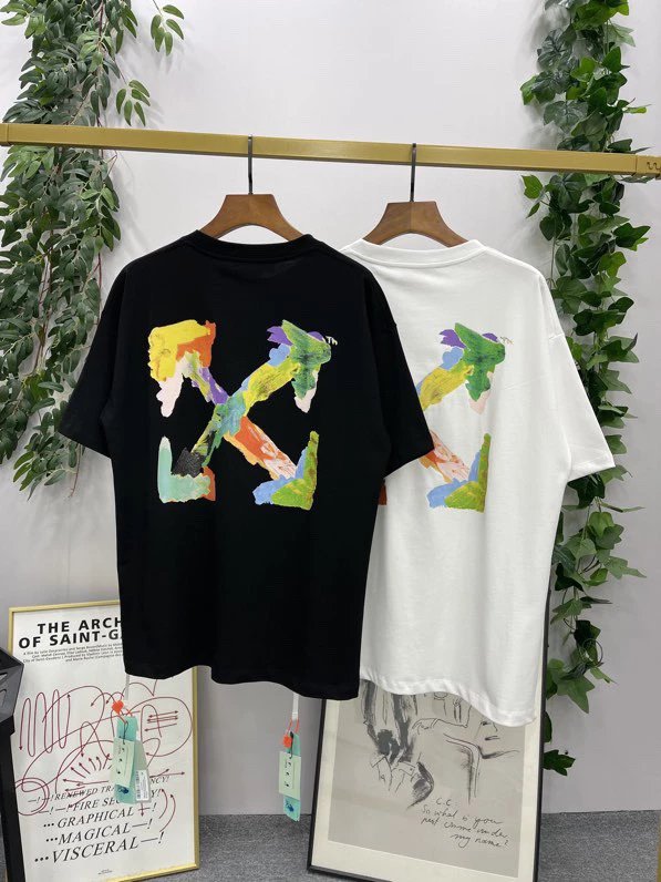 OFF-White T-shirt Top Version2023New Letter Graffiti Splash Ink Oil Painting Twill Arrow Cartoon Short Sleeve T T-shirt Men and Women