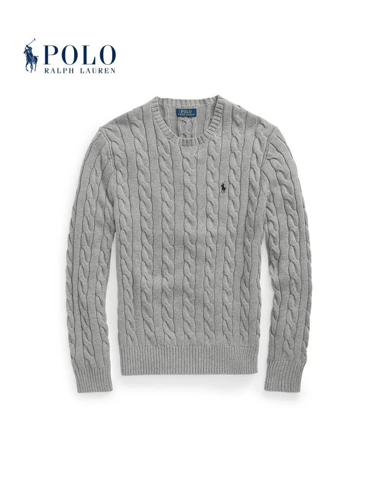 Ralph Lauren Sweater Top Version Standard Men's and Women's Solid Color Autumn Cable-Knit Pullover Sweater Long Sleeve Top Retro American Sweater