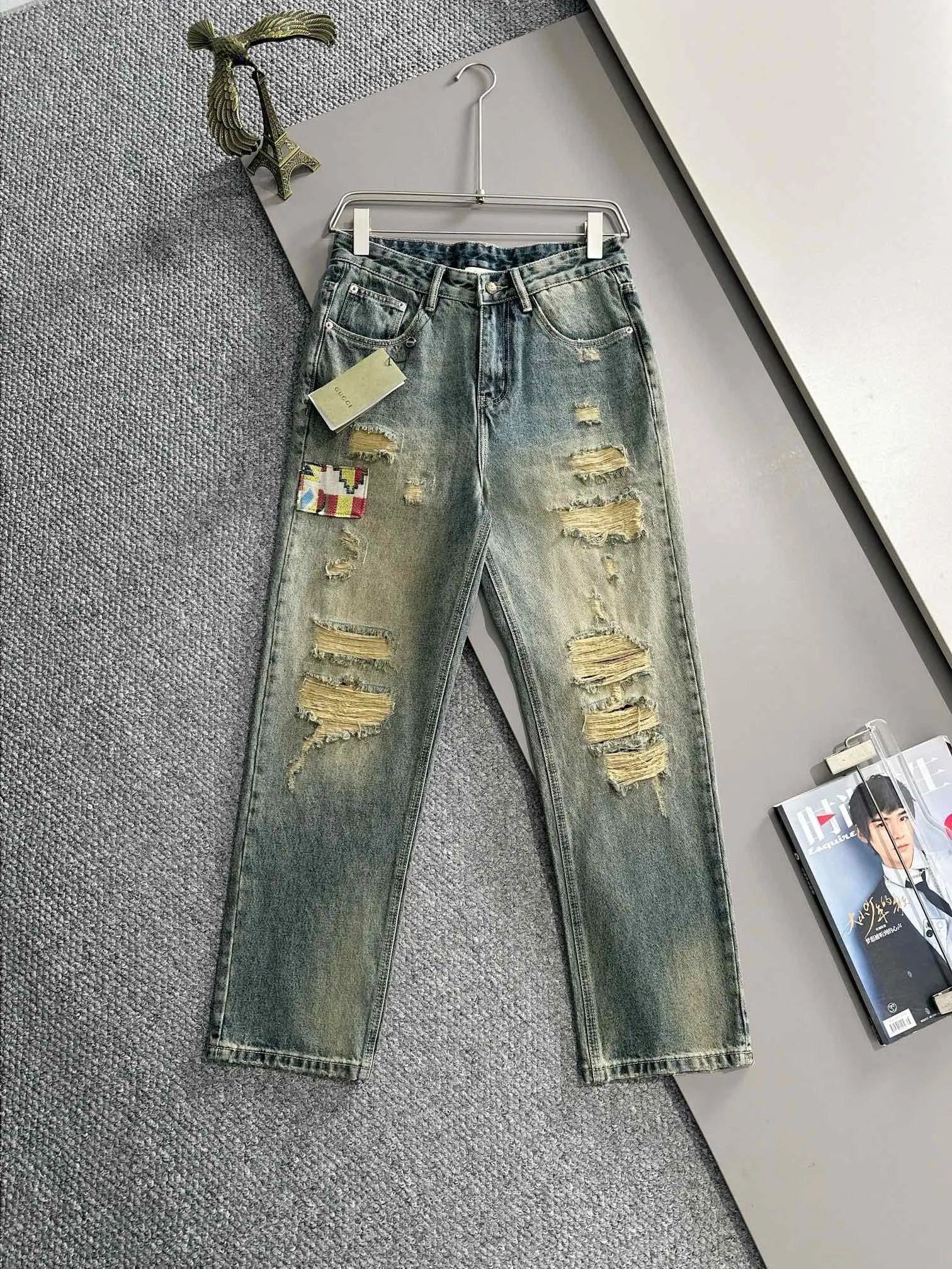 Gucci Jeans Top Version with Holes, No Leaking, Back Waist Leather Label logo Straight Washed Blue Jeans Autumn Winter New Unisex Loose Casual Wide Leg High Waist Pants