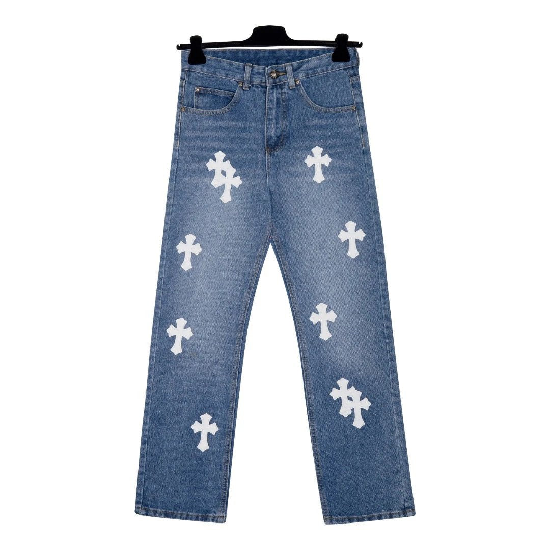 Chrome Hearts Jeans Splicing Leather logo25ss Spring Summer New Straight Slim Fit Jeans Unisex Loose Fit Long Pants