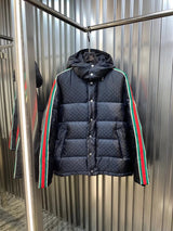 Gucci Down Jacket Down Jacket Double G Color Block Patchwork Webbing Down Jacket Casual Loose Hooded Thickened Warm Puffer Coat Unisex24ss New Winter Products