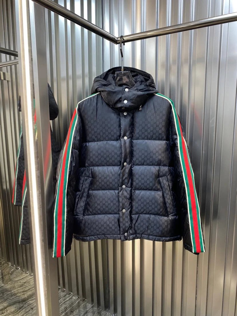 Gucci Down Jacket Down Jacket Double G Color Block Patchwork Webbing Down Jacket Casual Loose Hooded Thickened Warm Puffer Coat Unisex24ss New Winter Products