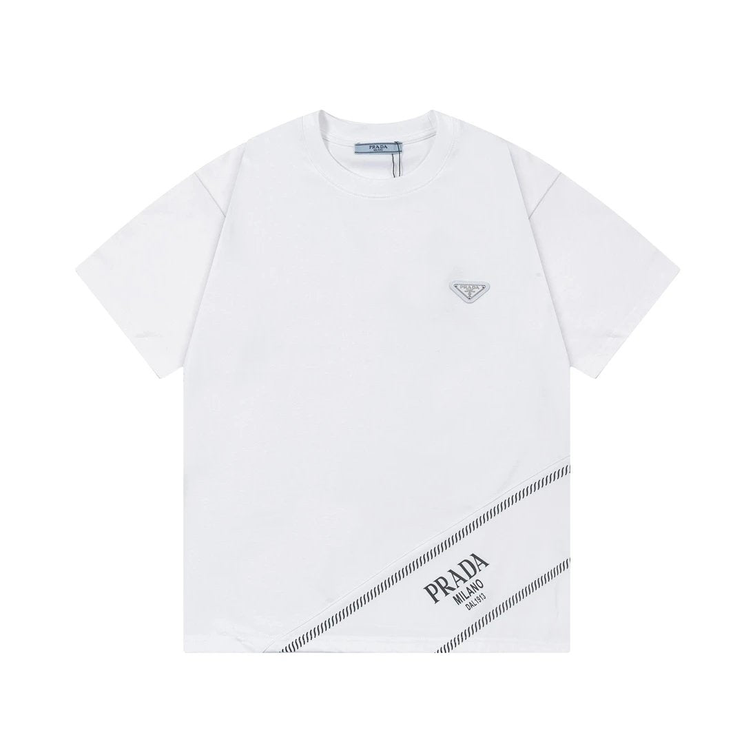 PRADA T-shirt Front Patchwork Letter Print Metal Triangle Logo logo round Neck Short Sleeve25ss New Pure Cotton Unisex Style T Casual T-Shirt Base Layer Shirt OS Loose Fit Half Sleeve Top Plus Size