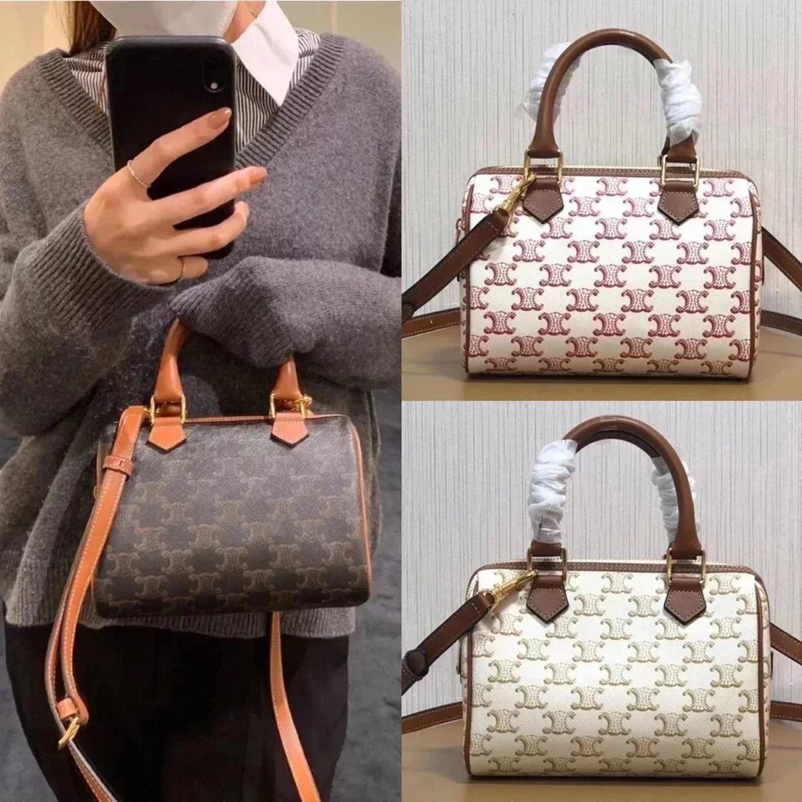 Celine women's bag Top version Boston Bag Handbag Women's Bag Boston Pillow Bag Shoulder Messenger Bag Handbag TRIOMPHECANVAS Logo Print and Cow Leather Boston Bag