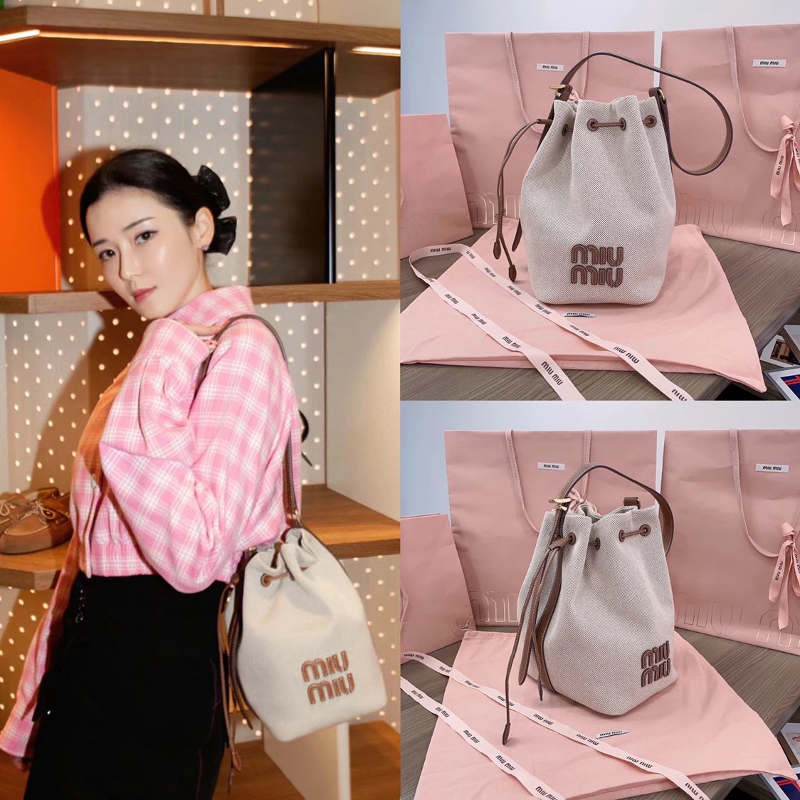 Miu Miu Bag Top version 5be089，miu Home2024New Canvas Bucket Bag Brand New Canvas Fabric Drawstring Bucket Bag with Imported Calfskin Single Shoulder Messenger Bag Women's Bag