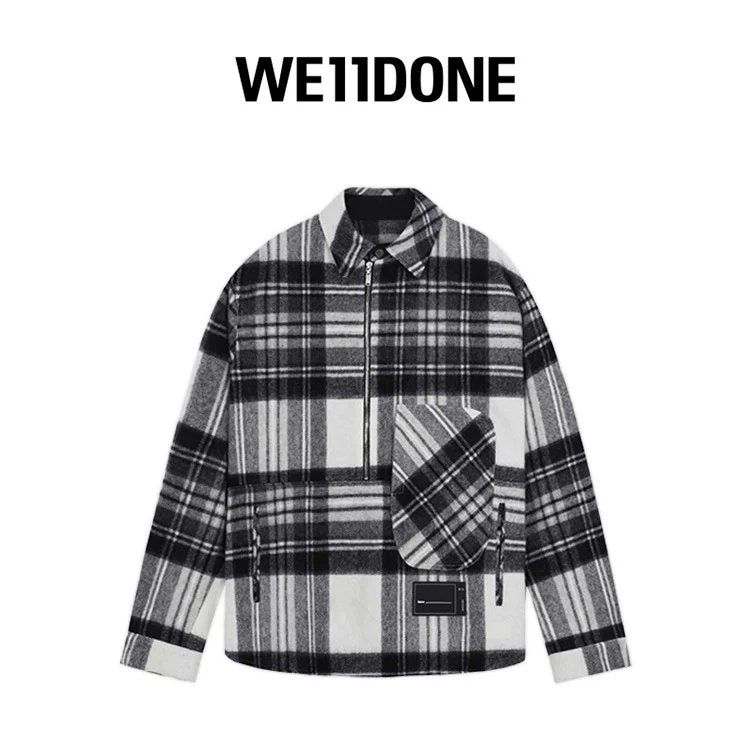 We11done Shirt Top Version Half Zipper Wool Plaid Striped Baggy Coat Shirt for Men and Women